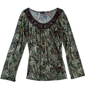 agenda green & brown paisley design crochet long sleeve blouse size S/M